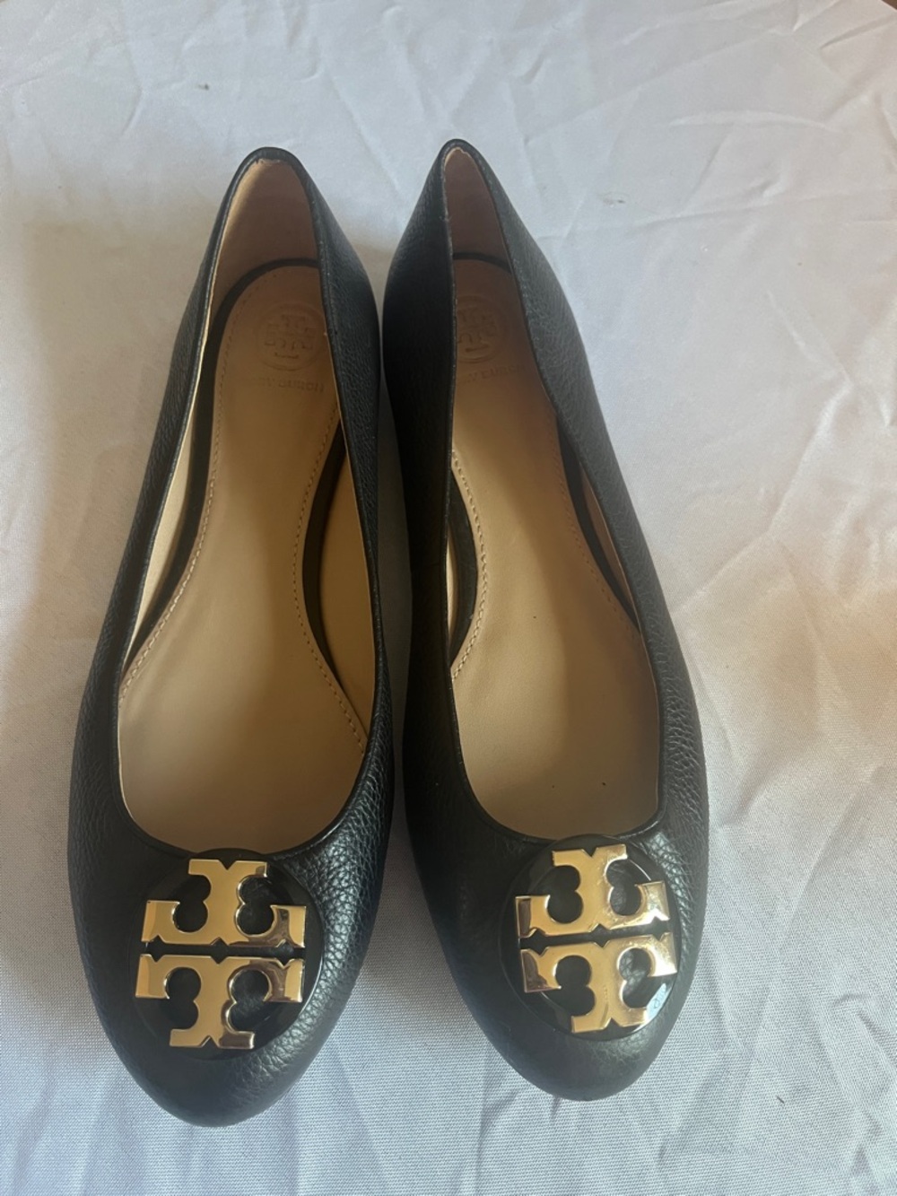 Tory Burch Black Leather Flats with Gold Logo Medallion